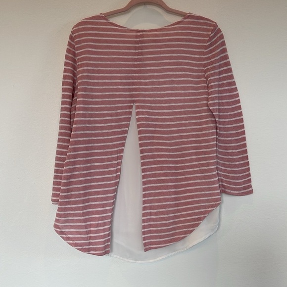 Soho New York & Company Jeans 3/4 Sleeve Blouse Split Back Pink White Stripe S - Picture 6 of 11